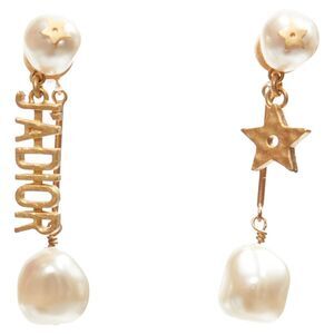 Dior Tribale J'adior pearl logo drop star pin asymmetric stud earrings pair